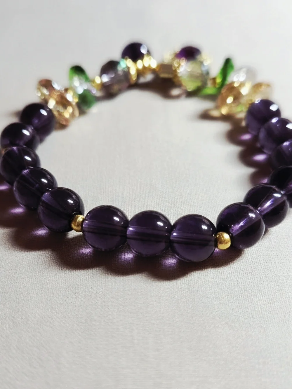 Amethyst Bead Stretch Bracelet with Gold Pavé Charm